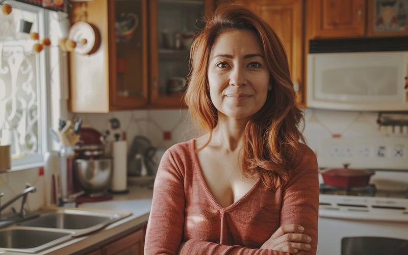 Mujer de unos cincuenta años en la cocina de su casa